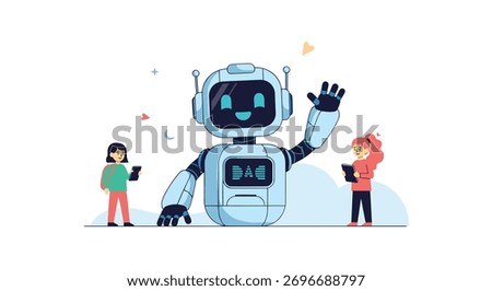 Two young students interact with a friendly AI robot, holding tablets, illustrating the future of technology, education, and artificial intelligence.