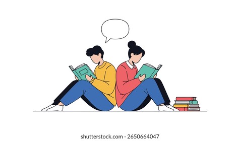 Two young students reading books together sitting back to back in a library
