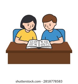 Two young students sitting at a wooden desk, reading an open book together. The boy and girl are focused on their schoolwork in a classroom setting. Education theme.