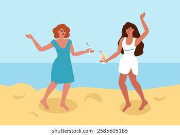 Two young tanned women in dresses with glasses of cocktails dancing on the beach by the sea in summer. Beach party, disco by the water - vector color flat illustration for banners, postcards, posters