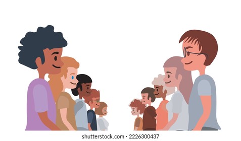 Two young teams, opposing competing groups rivalry concept. Healthy competition and positive communication from opponents. Flat vector illustration isolated on white background.