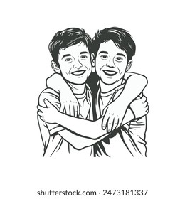 Two young teen friends hug with smile to show friendship day vector 