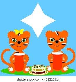 Two young tigers sitting and holding glasses in hand