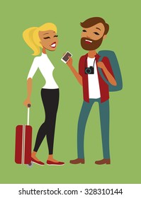 Two Young Tourists With luggage vector flat illustration