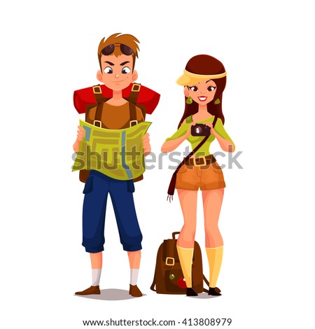 Two young tourists on vacation vector cartoon funny people isolated on white background couple pair of man and woman looking at the map, hold the camera in sunglasses and bag, tourist couple, toourist