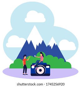 Two young tourists stood and sat around the camera with an iceberg behind them. Modern character design. Flat vector illustration.