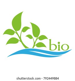 Two young trees and sea waves. Leaf and sea icon. Color ecology logo. 
