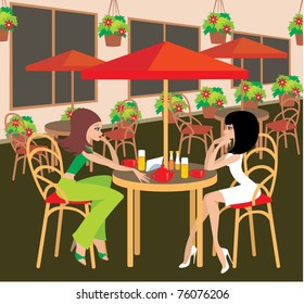 Two young woman in cafe. Vector illustration, no gradient