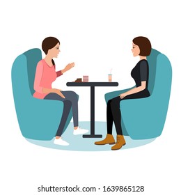 Two young woman chatting in a coffee shop. Best friends meeting, flat vector illustration.