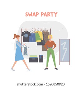 Two young woman at fashion swap party. Clothes rack. Flat style. Vector cartoon style illustration