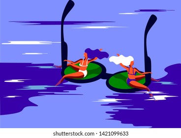 Two young woman floating on sunglasses on the water surface water, 