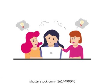 Two young woman give support to her friend. Guilt, depressed, and terrified expression concept. Flat colourful cartoon vector illustration