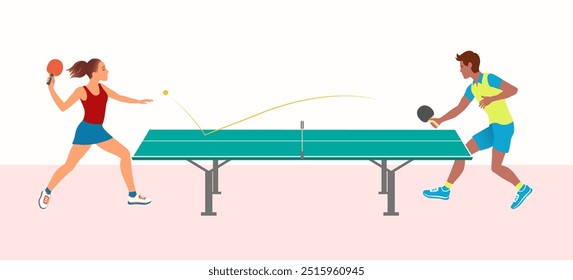 Dos mujeres jóvenes y un hombre jugando tenis de mesa. Juego de ping pong vista lateral estilo plano. Ilustración vectorial.