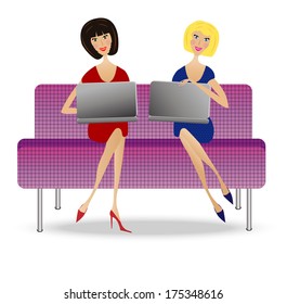 two young woman  with notebook sit on sofa, vector illustration