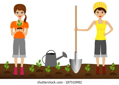 two young woman plant nursery transplant in soil, vector illustration