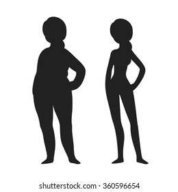 Two young woman silhouettes, fat and thin. Weight loss before and after illustration.
