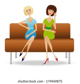 two young woman  sit on sofa, vector illustration