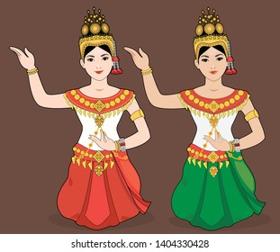Two of young woman in traditional cambodian dance.