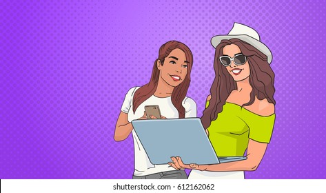 Two Young Woman Using Cell Smart Phone And Laptop Computer Over Pop Art Colorful Retro Style Background Vector Illustration