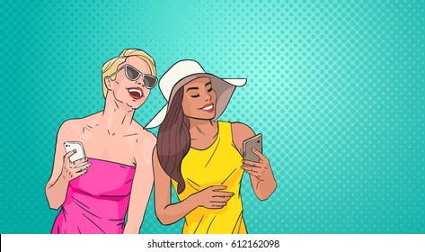 Two Young Woman Using Cell Smart Phone Over Pop Art Colorful Retro Style Background Vector Illustration