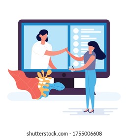 Two young woman using modern technology for collective virtual meeting and group video conference. This worker discussing with friends on computer screen. Vector illustration in flat style isolated.