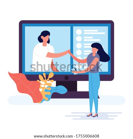 Two young woman using modern technology for collective virtual meeting and group video conference. This worker discussing with friends on computer screen. Vector illustration in flat style isolated.