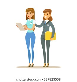 Two young woman working together in office. Colorful cartoon character vector Illustration