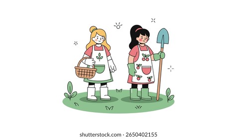 Two young women in aprons gardening together holding tools and a basket of produce