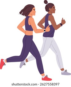 Two young women athletes are running outdoors wearing sportswear and smartwatches giving thumbs up, expressing positivity and motivation during their workout