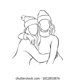 Two young women in autumn clothes are sitting hugging. Modern abstract line style. Vector hand drawn illustration isolated on white background. Good for posters, wall art, blogs.