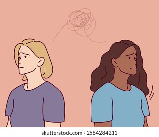  Two young women avoid eye contact, showing emotional distance and sadness. The image represents unresolved issues and tension. LGBT