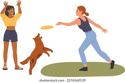 Two young women and a brown dog are having fun in the park playing with a frisbee. The dog is jumping to catch the frisbee and one of the women is throwing it while the other one is raising her hands