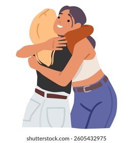 Two young women cartoon characters warmly embracing greeting each other expressing love during meeting vector illustration. People strong relationships and friends hugs after long separation