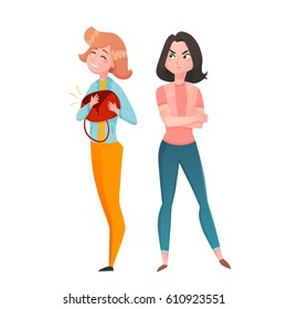 Two young women cartoon characters with girl feel envy for another with fashionable expensive bag vector illustration