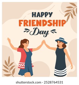 Two young women celebrate Friendship Day. Have fun together. Friendship Day concept. Flat vector illustration.