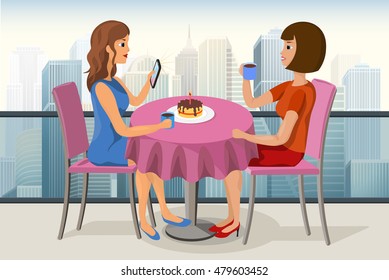 Two young women celebrating birthday in a roof top cafe with a cake, candle and a cup of tea vector image