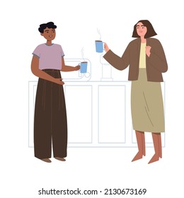 Two young women are chatting in the kitchen. Colleagues drink coffee at work. Lunch break. Break for a cup of tea. Cartoon vector illustration on an isolated white background.