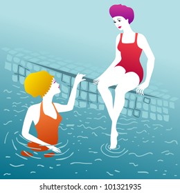 two young women chatting at the pool side