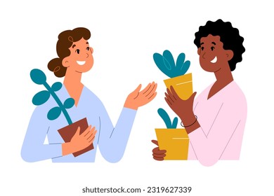 Dos mujeres jóvenes eligen las plantas domésticas, sostienen plantas en ollas, conversan juntos, las amigas eligen y compran plantas para decoración interior, pasatiempo en la jardinería, ilustración vectorial plana