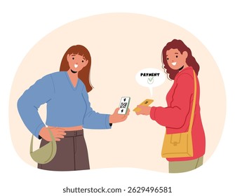 Dos Clientes jóvenes que comprueban el éxito del pago que escanean el código del qr usando la escena de la historieta de los dispositivos del smartphone. Personajes femeninos haciendo transacciones financieras con Ilustración vectorial de tecnología moderna