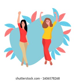 Two young women dancing, having fun, one with long hair black hair, and the other with long blond hair, riends. 
Vector flat illustration, graphic design, style. Vector, EPS 10