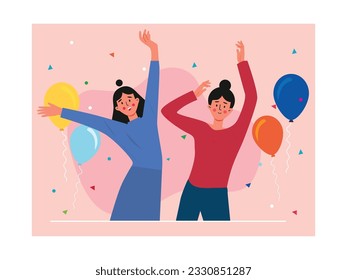 Dos jóvenes bailando y levantando manos, decoradas con globos y confetti en fiesta. Diseño. Ilustración plana del vector