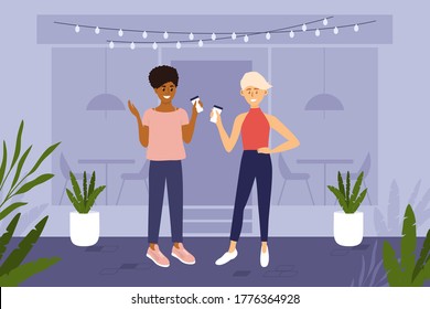 Two Young Women Different Ethnicities Drink Cup Of Coffee Outside Cafe House. People Have Small Talk On Street. City Lifestyle, Break Of Work, Meeting Friends. Daily Morning Ritual Vector Illustration