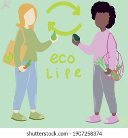 Two young women of different nationalities with eco bags are holding fruits and vegetables in their hands. Vector cartoon illustration. Eco-friendly life, vegetarianism, organic products