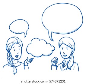 Two young women discussing something and negative expressions  emotions   gestures in business   casual clothes  Hand drawn line art cartoon vector illustration 