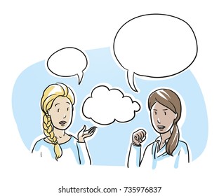 Two young women discussing something and negative expressions  emotions   gestures in business   casual clothes  Hand drawn cartoon sketch vector illustration  marker style coloring  