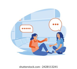 Two young women are discussing while drinking tea together. They sat on the floor in front of the sofa. Smiling woman friends drinking tea at home concept. Flat vector modern illustration.