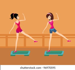 Two young women doing exercise on aerobic step