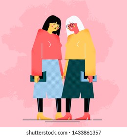 Two young women dressed in modern clothes are standing together. Meeting of female friends or colleagues. Female geometric characters isolated on pink background. Colored illustration in flat style.