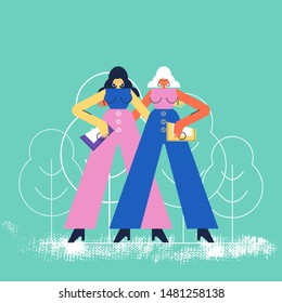 Two young women dressed in modern clothes are standing together. Meeting of female friends or colleagues. Female geometric characters isolated on pink background